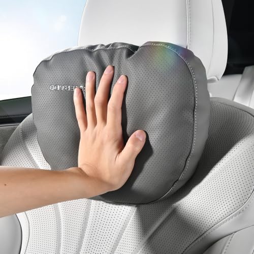 Coverado Leather Car Headrest Pillow Car Neck Pillow with Adjustable Strap, Head Support Rest Driver Relax Head Muscles Relieve Driving Fatigue, Breathable & Removable Cover, Gray - color: Gray, size: 1 Piece