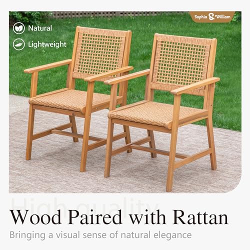 Sophia & William Patio Dining Chairs Outdoor 2 Pieces Hand Woven Wooden Rattan Armchair, Acacia Wood Outside Chair with Rattan Seat & Back for Porch Backyard Garden Balcony Set of 2 - size: 2 Seats