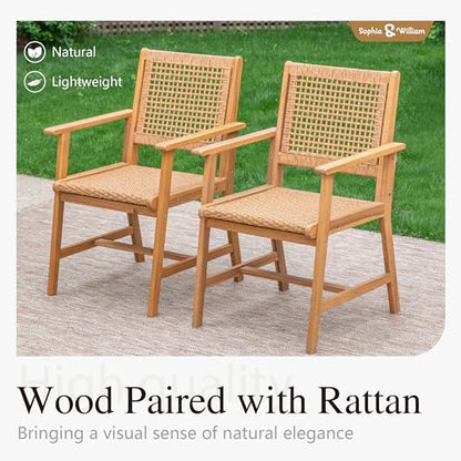 Sophia & William Patio Dining Chairs Outdoor 2 Pieces Hand Woven Wooden Rattan Armchair, Acacia Wood Outside Chair with Rattan Seat & Back for Porch Backyard Garden Balcony Set of 2 - size: 2 Seats