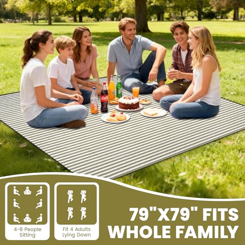 G GOOD GAIN Waterproof Picnic Blanket, 79"x79" Extra Large Beach Mat for 6 to 8 Adults, Machine Washable Outdoor Blanket for Camping, Grass, Park, Camping, Concerts, MiddleGreen - color: Middlegreen