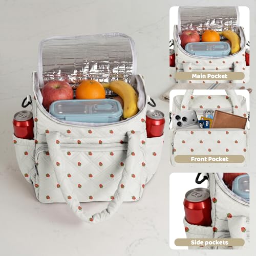 Women's Insulated Lunch Tote Bag - Inch Quilted Lunch Box for Women, Large Waterproof Cooler Bag with Pockets for Work, Picnic, Adult (strawberry) - color: Strawberry