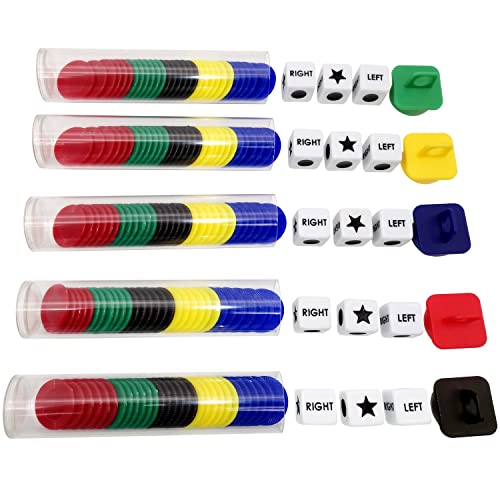 Ahoper Left Right Center Dice Game Prime Set Bundle with 3 Dices + 30 Chips - (5 Pack). Round Tube Storage is Very Convenient for Travel. Easy to Store, Carry Around. - size: 5 Pack
