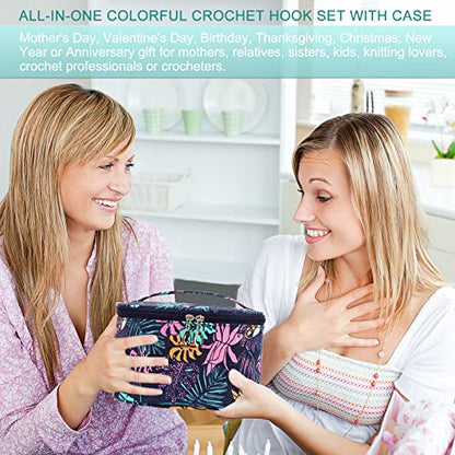 Aeelike Crochet Kit for Beginners Adults, Full Crochet Starter Set with Yarn, Include 9pcs Ergonomic Crochet Hooks 2.0-6.0 mm, 12pcs Lace Crochet Hooks 0.6-1.9 mm, Portable Crochet Hook Set with Case - color: blue leaves