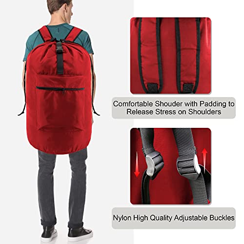 BeeGreen Laundry-Bag-Backpack-Extra-Large, Red Nylon Drawstring Portable Laundry Backpack Tall Foldable Heavy Duty Dirty Clothes Travel Bag with Handle College Dorm Apartment Essentials - color: Red, style: With Front Zipper Pocket