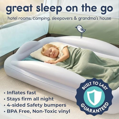Hiccapop Inflatable Toddler Travel Bed with Safety Bumpers [4-Sided], Portable Toddler Bed for Kids, Toddler Air Mattress, Kids Air Mattress - Misty Blue - color: Misty Blue