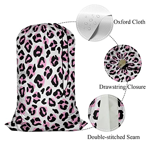Swono Leopard Print Laundry Bags With Drawstring XL Storage Bags 28"x40", Heavy Duty Multi Use, Animal Skin Repeat Pattern Washable Dirty Clothes Organizer, Easy Fits Laundry Hamper Basket, Pink Black - color: Leopard Print