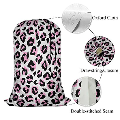 Swono Leopard Print Laundry Bags With Drawstring XL Storage Bags 28"x40", Heavy Duty Multi Use, Animal Skin Repeat Pattern Washable Dirty Clothes Organizer, Easy Fits Laundry Hamper Basket, Pink Black - color: Leopard Print