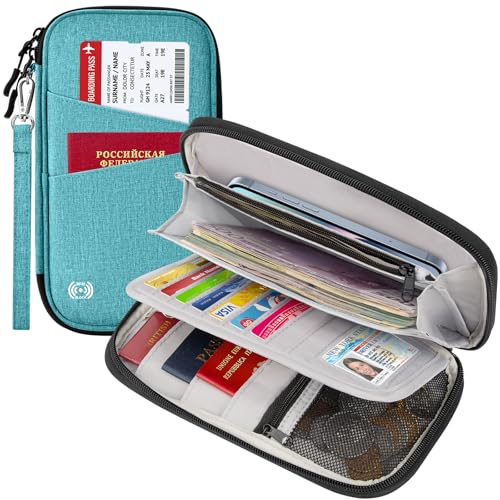 BKNOOU Family Passport Holder RFID Blocking Travel Document Organizer | Large Capacity (5 passports+13 cards), RFID Blocking, Air Travel Essentials, Detachable Wrist Strap and Shoulder Strap - color: 06 Blue