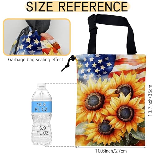 Sunflowers on American Flag Car Garbage Bag, Small Car Trash Bag Hanging Back of Seat,Drawstring Car Trash Bag with Adjustable Buckle,Car Accessories for Camping Travelling - color: Sunflowers on American Flag