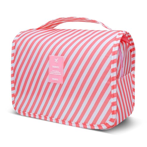 Portable Hanging Toiletry Bag for Travel,Small Multifunctional Makeup Cosmetic Bag for Women,Waterproof Travel Toiletries Organizer,Shower Bathroom Pouch with Hook for Gym,Camping - Pink Stripes - color: Pink Stripes