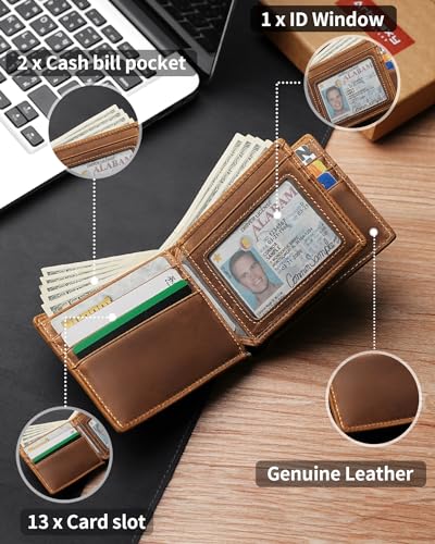 Artpaxy Mens Wallet Genuine Leather Bifold RFID Blocking Wallet for Men with 1 ID Window 13 Card Holders 2 cash pockets 1 Gift Box - color: Coffee Brown