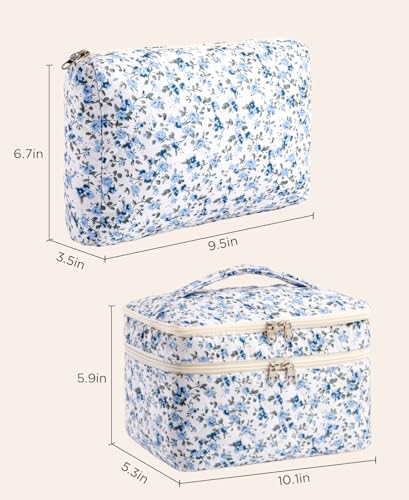 HBselect 2Pcs Travel Makeup Bag, Large Cotton Quilted Makeup Bag Cosmetic Bag Cute Make up Bag Toiletry Bags for Women Girls - color: 2PCS-Quilted Makeup Bag 4