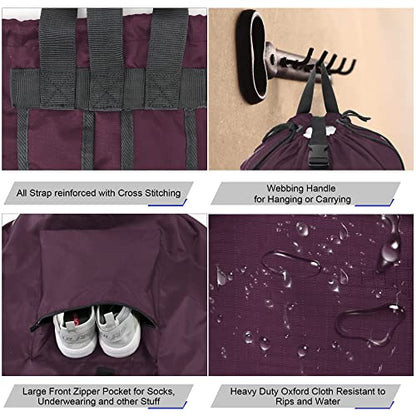 BeeGreen Laundry-Bag-Backpack-Heavy-Duty, Burgundy Nylon Drawstring Portable Laundry Backpack Foldable Extra Large Dirty Clothes Travel Bag College Dorm Apartment Essentials - color: Maroon, style: With Front Zipper Pocket