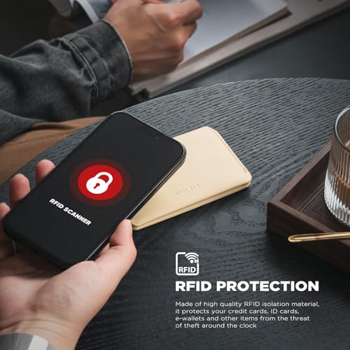 VULKIT Slim Minimalist Card Holder RFID Blocking Leather Credit Card Holder Front Pocket Wallet Magnetic Closure - color: Cream