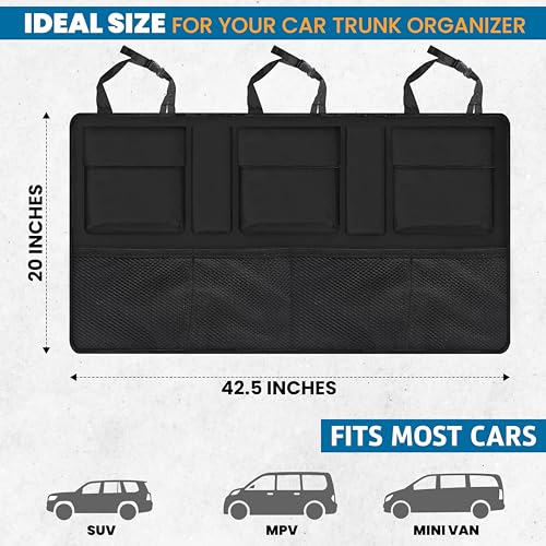 EcoNour Backseat Trunk Organizer | 42 x20 Inches Car Storage with 9 Spacious Pockets | Waterproof, Heavy-Duty Hanging Organizer for SUVs, Trucks & Hatchbacks | Space-Saving, Foldable & Easy to Install
