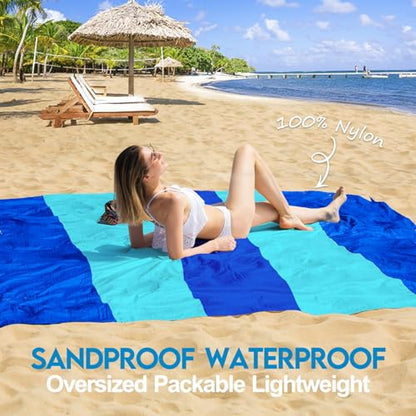 BYDOLL Nylon Beach Blanket Waterproof Sandproof 78''x110'' Suits 1-7 Adults Oversized Sand Free Extra Large Blanket Lightweight Soft Picnic Mat for Beach Essentials - color: Blue Mix, size: 78''x 110''