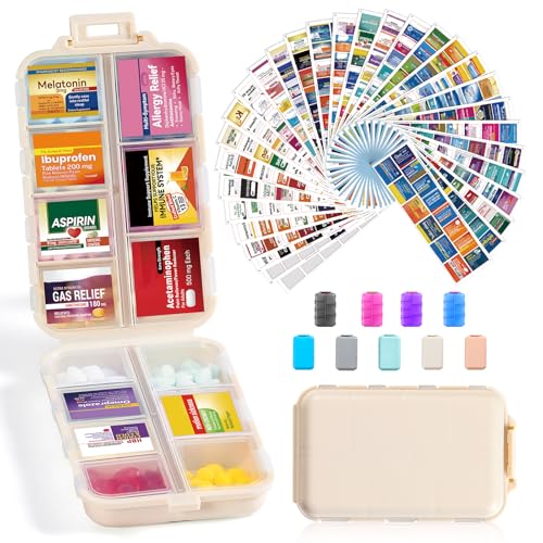14 Grids Travel Pill Organizer Box with 415-Pcs Medicine Name Labels - Pocket Daily Pharmacy Case Container Kit - Travel Medication Holder Dispenser for Fish Oil Vitamin Supplement Storage - Khaki - color: Khaki, size: with Bulk Med Labels