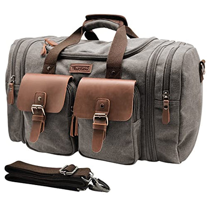 Wildroad 50L Travel Duffel Bag, Expandable Canvas Genuine Leather Duffle Bag Upgraded Overnight Weekender Carry on Bag - color: Grey, size: Large-50L Duffle Bag