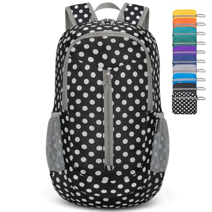 ZOMAKE Ultra Lightweight Packable Backpack 25L - Foldable Hiking Backpacks Water Resistant Small Folding Daypack for Travel(Black,White polka dots) - color: Black,white Polka Dots