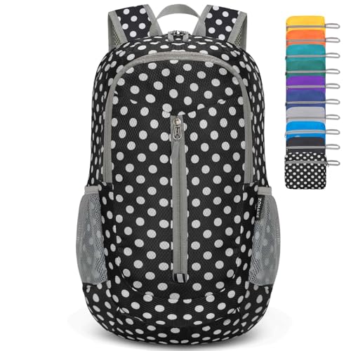 ZOMAKE Ultra Lightweight Packable Backpack 25L - Foldable Hiking Backpacks Water Resistant Small Folding Daypack for Travel(Black,White polka dots) - color: Black,white Polka Dots