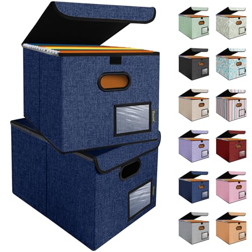 BALEINE File Organizer Box with Lid, Collapsible File Folder Organizer with Plastic Slide, Hanging File Folder Box for Office Document Storage (2 Pack, Blue) - color: Blue, size: 2 Pack