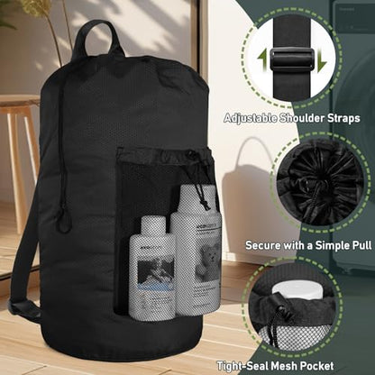 Laundry Bag Backpack, Large Travel Laundry Bags with Shoulder Straps & Mesh Pocket Durable Polyster Clothes Hamper Bag for College Laundromat Apartment (Black, Large) - color: Black, size: Large