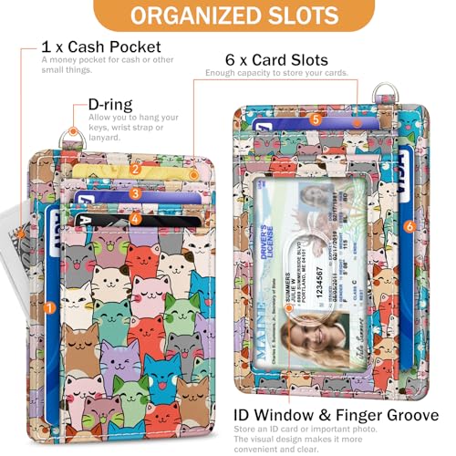 Yonlevres Cat Credit Card Holder Slim Wallet, RFID Wallet Women Front Pocket Small Card Holder, Travel Cute Funny Thin ID Window PU Leather RFID Blocking Case Organizer Gift Girls Ladies - color: Cat