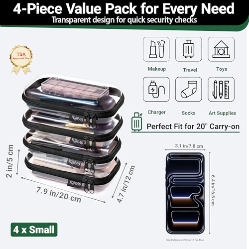 YQBRAO 4-Pack Clear Hard Shell Zipper Case, 1.2mm Ultra-Thick Diaper Bag Organizer Pouches, Rigid Self-Standing Travel Makeup Bags with YKK Zippers, TSA Approved, Black - color: Black, size: 4 Pack(S)