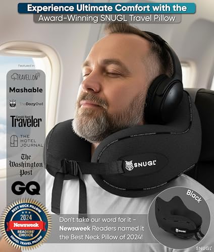 SNUGL Travel Pillow – Neck Pillow Airplane, Travel Pillows for Airplanes, Neck Pillows Memory Foam – Road Trip Essentials for Adults – Traveling Essentials - Gifts for Travelers Men & Women - size: Adult Regular