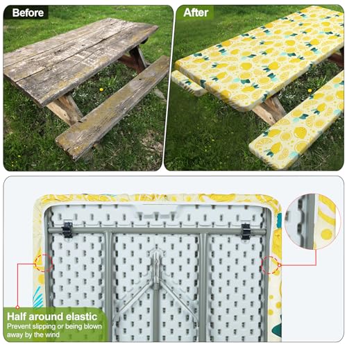 Picnic Table Cover with Bench Covers 6FT 3 Pcs Waterproof Windproof Aesthetic Camping Tablecloth with Drawstring Bag, Fitted for 6 Foot Rectangle Tables and Seats, 72 inch, Yellow Lemon - color: Yellow Lemon