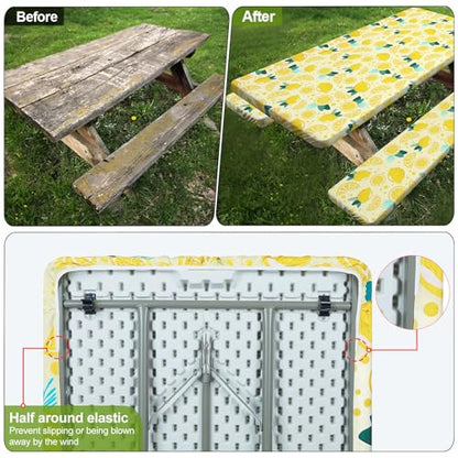 Picnic Table Cover with Bench Covers 6FT 3 Pcs Waterproof Windproof Aesthetic Camping Tablecloth with Drawstring Bag, Fitted for 6 Foot Rectangle Tables and Seats, 72 inch, Yellow Lemon - color: Yellow Lemon