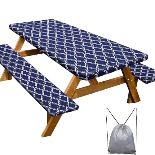 Picnic Table Cover with Bench Covers 6FT 3 Pcs Waterproof Windproof Aesthetic Camping Tablecloth with Drawstring Bag, Fitted for 6 Foot Rectangle Tables and Seats, 72 inch, Navy Blue Morocco - color: Navy Blue Morocco