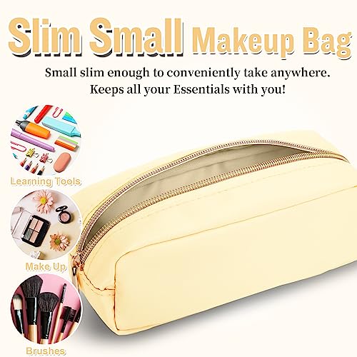 izuzta Nylon Small Makeup Bag Slim Pouch, Preppy Cute Makeup Brush Case Bag Cosmetic Zipper Pouch for Purse, Waterproof Travel Toiletry Bag Clutch Coin Pouch Makeup Organizer for Women Girls(Beige) - color: Beige, size: Slim