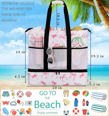 JIANYA Beach Bag Women Waterproof Sandproof Beach Tote Bags with Cooler Top Zipper Large Totes for Pool Travel Daily - color: Pink Bow