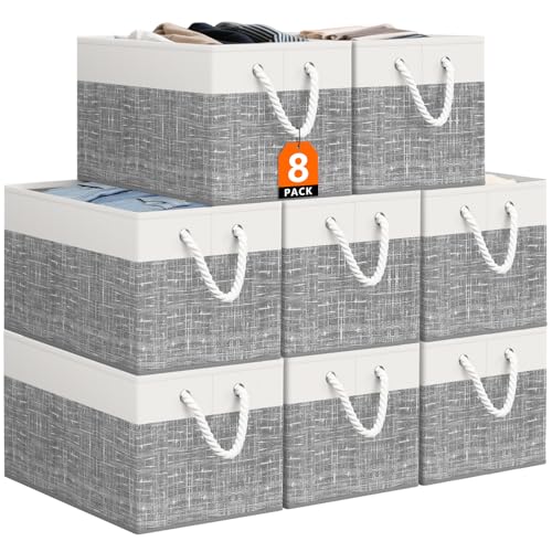 StorageTastic Storage Bin,Collapsible Storage Basket For Organizing,Large Storage Boxes With Rope Handles,Storage Containers,White & Grey,8 Pack - color: White & Grey, size: 15" X 10" X 9.5" (8 Pack)