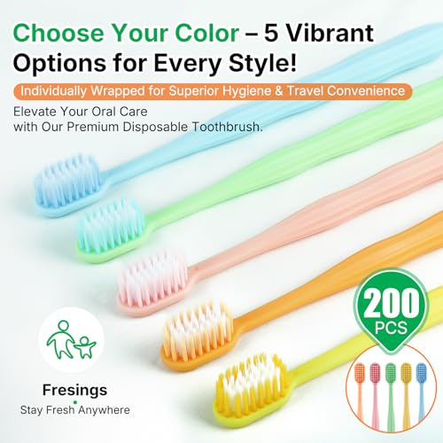 200-Pack Premium Bulk Disposable Toothbrushes, Individually Wrapped, Soft Bristles, Peanut Grip Handle for Travel, Guest Bathroom, Hotel & Emergency Kits, Family, Kids & Adults, Single Use - size: 1 Count (Pack of 200)