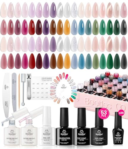Beetles Jelly Gel Nail Polish Set, 53PCS 36 Colors Jelly Pink Milky White Red Black Blue Green Silver Cat Eye Base Glitter Glossy Matte Top Coat Crystal Ice Collection French Nails Gift for Women - color: 0-1-Crystal Ice Collection
