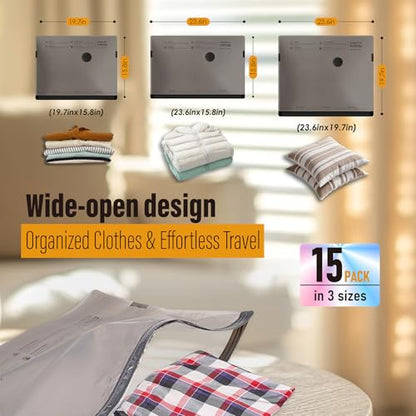 Rechargeable Wireless Pump Travel Vacuum Storage Bags, 15 Pack Portable Seal Bags for Travel and Home, Compression Packing for Clothing, Clothes, Blankets, Luggage, Suitcase - size: 15 Combo Travel Size