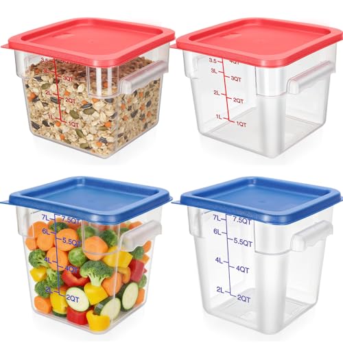 Lallisa 4 Pcs 8qt & 4qt Clear Food Storage Containers with Lids Handles and Scales, Stackable Plastic Square Food Storage Containers for Dough Proofing Baking Kitchen Restaurant(Red, Blue) - color: Red, Blue
