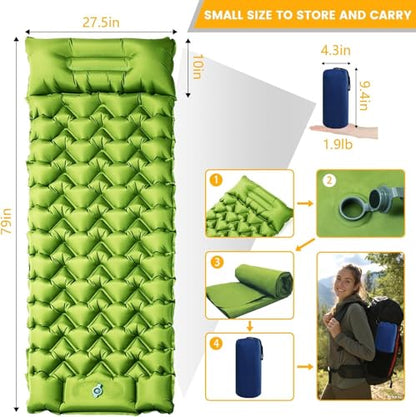 2 Pack Thick Camping Sleeping Pad with Foot Pump & Pillow, 4-Inch Inflatable Sleeping Mat for Side Sleepers, Stays Firm Overnight, Ultralight for Backpacking, Music Festivals & Car Camping - color: Green/Blue + Green/Blue