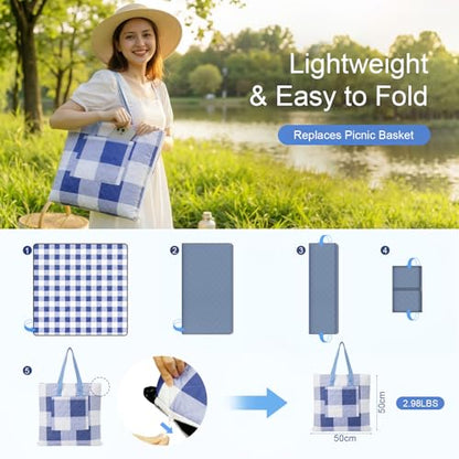 2 in 1 Tote Picnic Blanket Waterproof Outdoor Camping Mat,Large Capacity Beach Blanket 80''x80'' 7 Layers Easy to Foldable and Carry. - color: Bluecheck