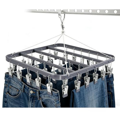 Pants Hanger Clothes Drying Racks Clip Hangers Metal with 36 Clips Windproof Hook Underwear Hanger Foldable Laundry Clip forJeans Yoga Leggings Trousers Socks Bras (Grey) - color: Gray