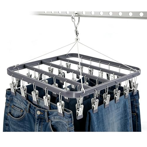 Pants Hanger Clothes Drying Racks Clip Hangers Metal with 36 Clips Windproof Hook Underwear Hanger Foldable Laundry Clip forJeans Yoga Leggings Trousers Socks Bras (Grey) - color: Gray
