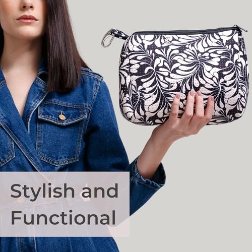 POPUPS Large Makeup Bag with Zipper - Waterproof Neoprene Cosmetic Bag 7.7 x 10.75 x 5 inches - color: Print Palm Dreams Black