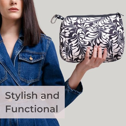 POPUPS Large Makeup Bag with Zipper - Waterproof Neoprene Cosmetic Bag 7.7 x 10.75 x 5 inches - color: Print Palm Dreams Black