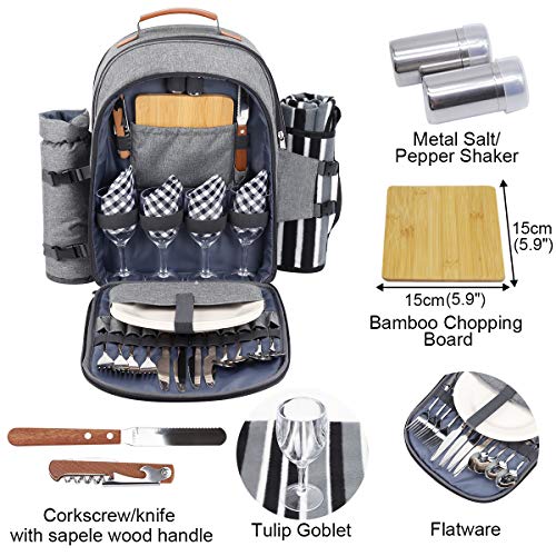 Sunflora Picnic Backpack for 4 Person Set Pack with Insulated Waterproof Pouch for Family Outdoor Camping (Gray) - color: Gray, size: 4 person