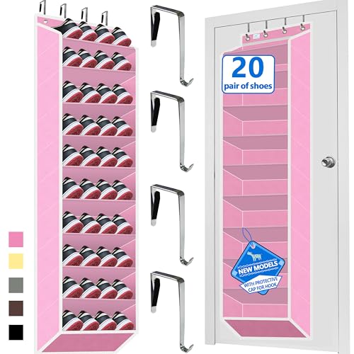 Over the Door Shoe Organizer, 20 to 30 Pairs Hanging Shoe Holder, Heavy Duty Extra Deep Pockets Shoe Storage for Closet, Anti-Scratch Hooks & FSC-Certified Bamboo - Pink - color: Pink