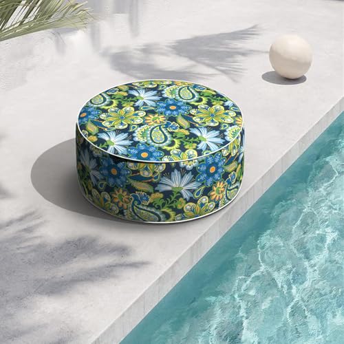 Indoor/Outdoor Inflatable Ottoman with Handle, Decorative Fade-Resistant Round Footstool D21 x H9 inch, Portable Ottoman Pouf for Patio Garden Camping, Flower Child - color: Flower Child, size: 21"D x 21"W x 9"H