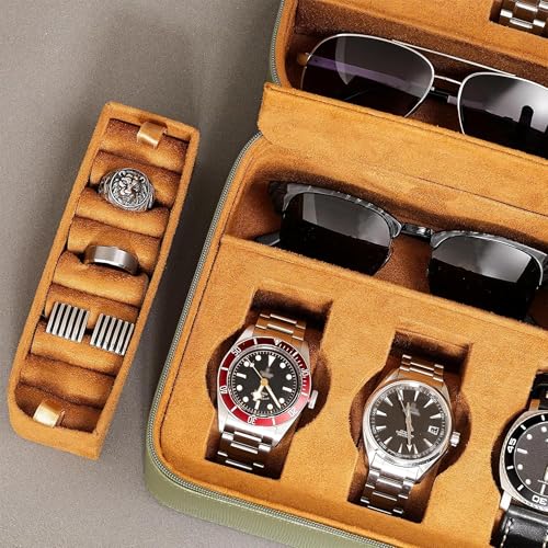 ROTHWELL 8 Watch Travel Case Storage Organizer for 8 Watches, Sunglasses, Rings & Cufflinks |Tough Portable Protection with Zipper Fits Most Wristwatches & Smart Watches Up to 50mm (Green/Tan) - color: Green/Tan