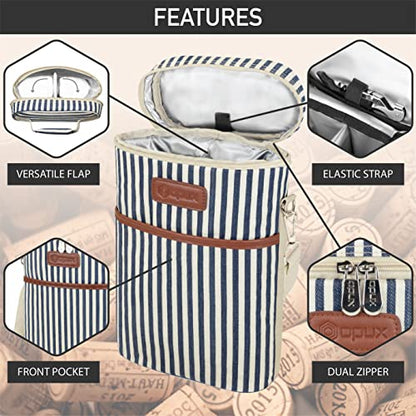 opux 2 Bottle Wine Carrier Tote, Insulated Leakproof Wine Cooler Bag, Wine Travel Bag for Picnic BYOB Beach, Portable Wine Bottle Carrying Case, Gift for Wine Lover Women Men Christmas,Stripe - color: Navy Stripes